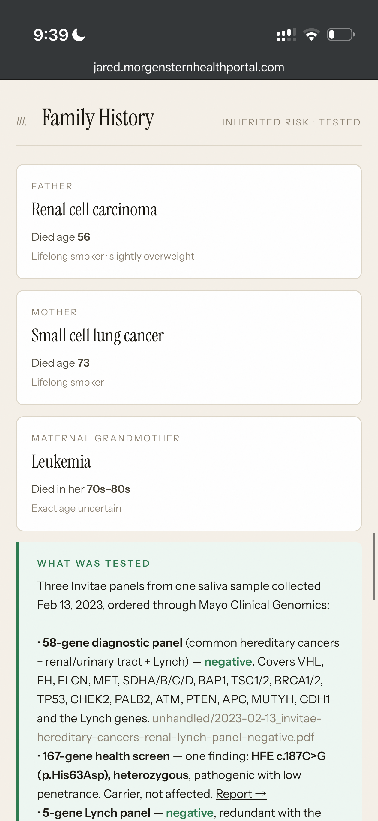 Family history page listing relatives, conditions and genetic panel results